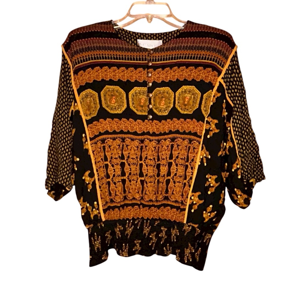 A.C. Sport Vtg USA Black Gold Baroque Blouse Smocked 14 Shoulder Pads‎ 80s 90s